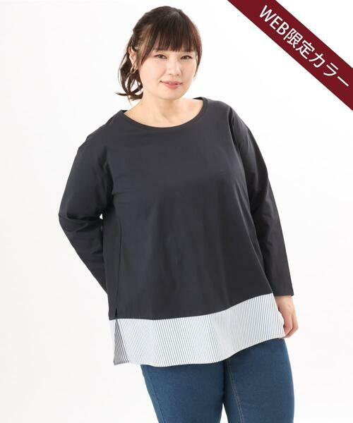 eur3 / エウルキューブ カットソー | 【大きいサイズ】裾ストライプカットソー（ネイビー（WEB限定カラー））