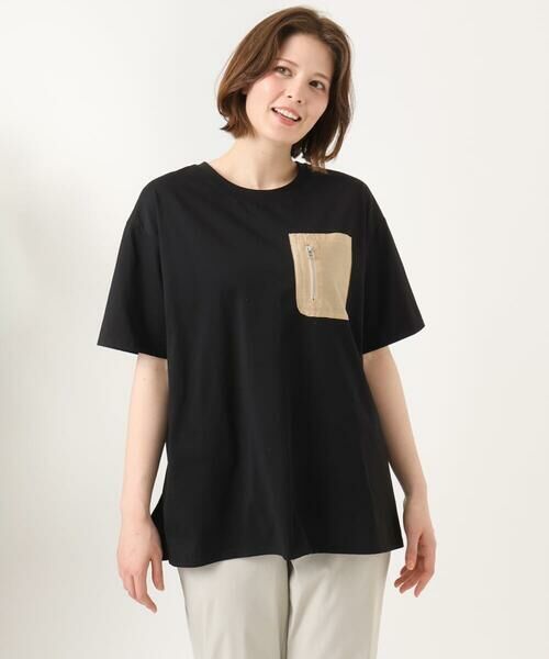 eur3 / エウルキューブ カットソー | 【大きいサイズ】ジップポケットコットンTシャツ（ブラック）