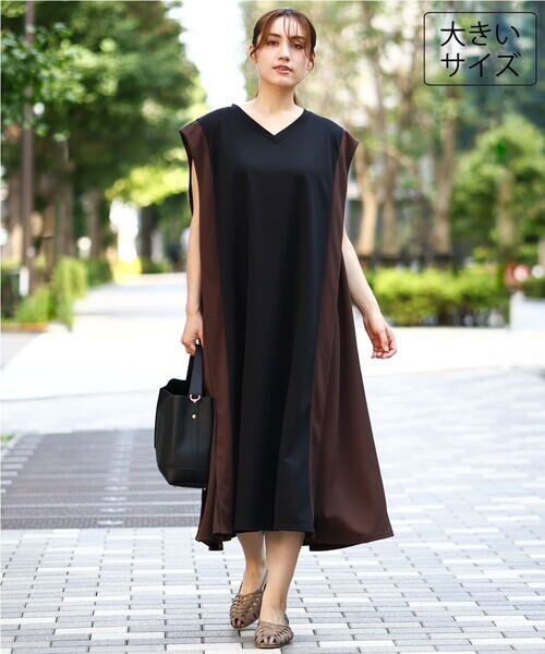 eur3 / エウルキューブ ロング・マキシ丈ワンピース | 【大きいサイズ/LAVEANGE×eur3】バイカラーノースリーブワンピース（ブラック）