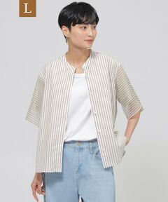 EVEX by KRIZIA  (大きいサイズ) / エヴェックス バイ クリツィア (オオキイサイズ) その他トップス | 【L】【ウォッシャブル】シアーコンビストライプバンドカラーシャツ