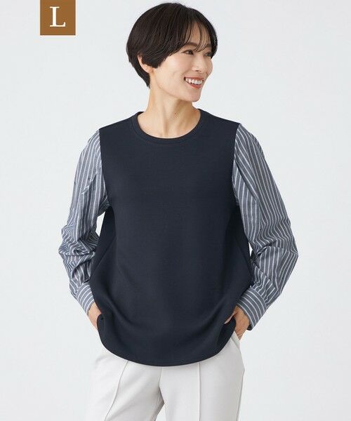 EVEX by KRIZIA (大きいサイズ)/エヴェックス バイ クリツィア (オオキイサイズ) 【L】【ウォッシャブル】ストライプジャカードコンビプルオーバー ダークネイビー 44
