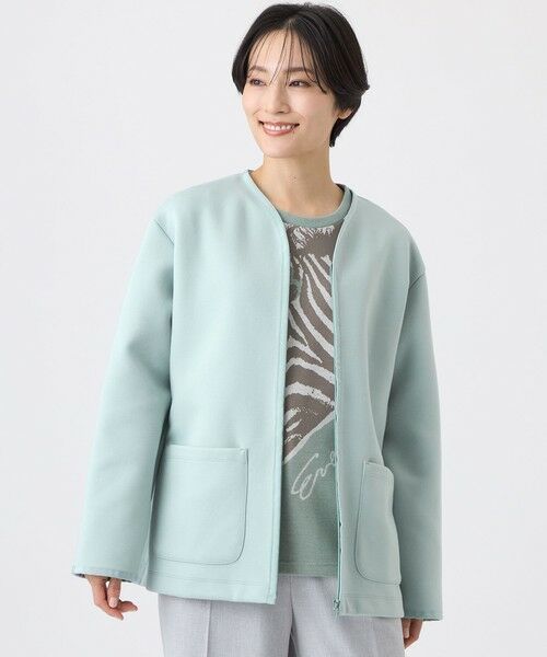 EVEX by KRIZIA  (大きいサイズ) / エヴェックス バイ クリツィア (オオキイサイズ) テーラードジャケット | 【L】【マシンウォッシャブル】ゼブラプリントダンボールニットコーディガン（グリーン）
