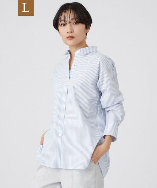 EVEX by KRIZIA  (大きいサイズ) / エヴェックス バイ クリツィア (オオキイサイズ) その他トップス | 【L】【ウォッシャブル】コットンブレンドストライプシャツ（ブルー2）