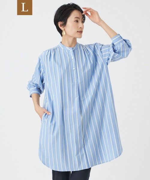 EVEX by KRIZIA  (大きいサイズ) / エヴェックス バイ クリツィア (オオキイサイズ) その他トップス | 【L】【カタログ掲載・ウォッシャブル】ハイゲージストライプジャージーチュニックブラウス（ブルー2）