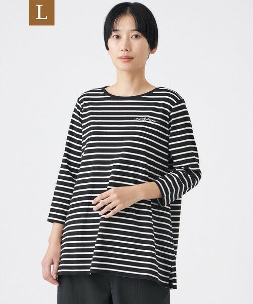 EVEX by KRIZIA  (大きいサイズ) / エヴェックス バイ クリツィア (オオキイサイズ) その他トップス | 【L】【ウォッシャブル】ロゴエンブロイダリーボーダーチュニックカットソー（ブラック）