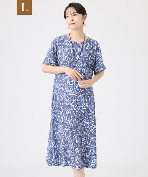 EVEX by KRIZIA  (大きいサイズ) / エヴェックス バイ クリツィア (オオキイサイズ) ロング・マキシ丈ワンピース | 【L】【接触冷感・マシンウォッシャブル】ミニチータープリントコンチェロフレアスリーブワンピース（ブルー5）