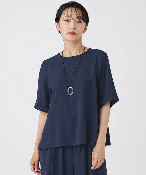 EVEX by KRIZIA  (大きいサイズ) / エヴェックス バイ クリツィア (オオキイサイズ) その他トップス | 【L】【接触冷感・吸水速乾・遮熱・UV対策・マシンウォッシャブル】【キマル！シリーズ】キマルサテンプルオーバーブラウス（ダークネイビー）