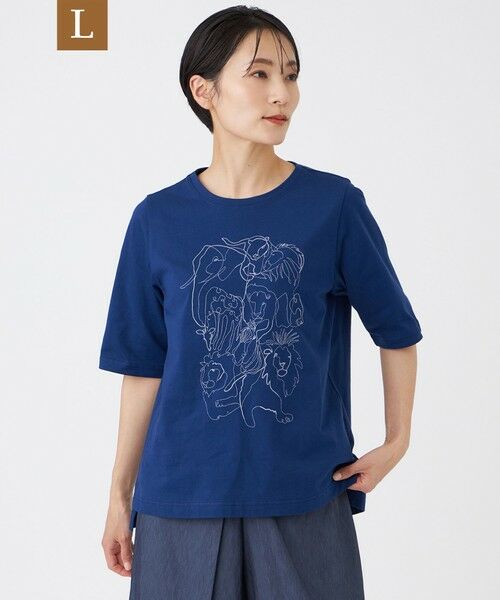 EVEX by KRIZIA  (大きいサイズ) / エヴェックス バイ クリツィア (オオキイサイズ) その他トップス | 【L】【EDDITION掲載】【接触冷感・ウォッシャブル】ギャザリングアニマルエンブロイダリーカットソー（ブルー5）