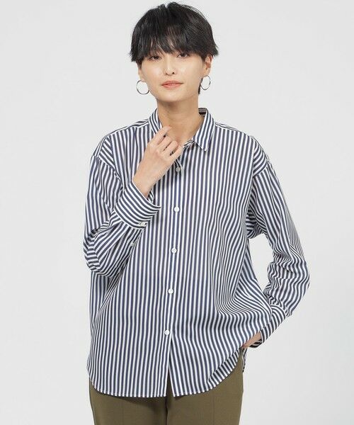 EVEX by KRIZIA  (大きいサイズ) / エヴェックス バイ クリツィア (オオキイサイズ) その他トップス | 【L】【マシンウォッシャブル】コットンライクストライプシャツブラウス（ダークネイビー）