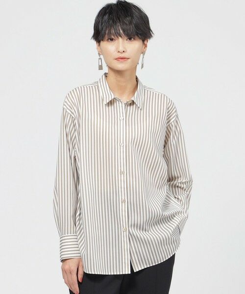 EVEX by KRIZIA  (大きいサイズ) / エヴェックス バイ クリツィア (オオキイサイズ) その他トップス | 【L】【マシンウォッシャブル】コットンライクストライプシャツブラウス（ベージュ）
