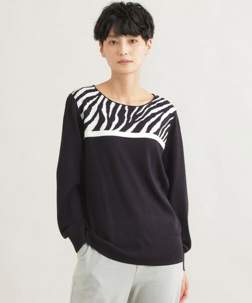 EVEX by KRIZIA / エヴェックス バイ クリツィア ニット・セーター | 【ウォッシャブル】*Wings掲載 ゼブラジャカードニット（ネイビー2）