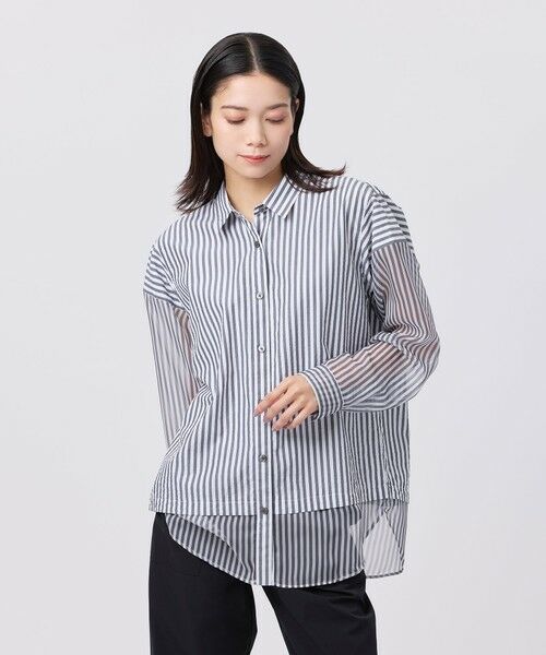 EVEX by KRIZIA / エヴェックス バイ クリツィア シャツ・ブラウス | 【カタログ掲載品】【ウォッシャブル】シアーコンビストライプロングシャツ(ダークグレー)