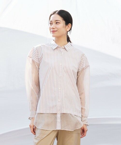 EVEX by KRIZIA / エヴェックス バイ クリツィア シャツ・ブラウス | 【カタログ掲載品】【ウォッシャブル】シアーコンビストライプロングシャツ(キャメル1)