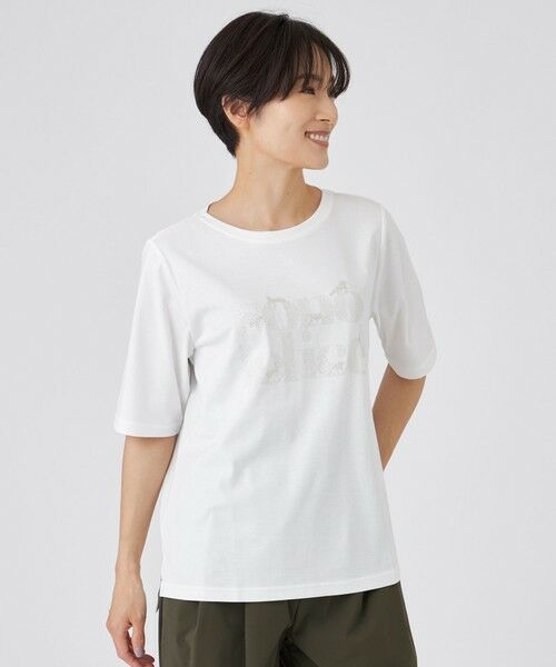 EVEX by KRIZIA/エヴェックス バイ クリツィア 【接触冷感】【ウォッシャブル】グリッターロゴプリントカットソー オフホワイト1 40 EVEX by KRIZIA/エヴェックス バイ クリツィア 【接触冷感】【ウォッシャブル】グリッターロゴプリントカットソー オフホワイト1 40
