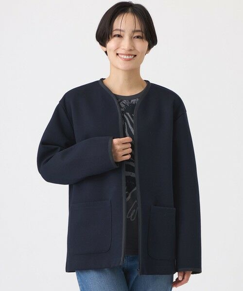 EVEX by KRIZIA / エヴェックス バイ クリツィア ノーカラージャケット | 【マシンウォッシャブル】ゼブラプリントダンボールニットコーディガン（ネイビー2）