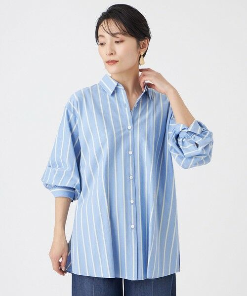 EVEX by KRIZIA / エヴェックス バイ クリツィア シャツ・ブラウス | 【カタログ掲載・ウォッシャブル】ハイゲージストライプジャージーシャツ（ブルー3）