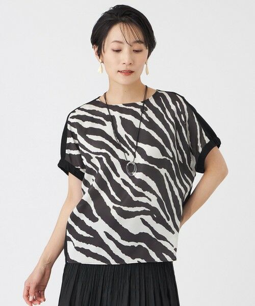 EVEX by KRIZIA / エヴェックス バイ クリツィア カットソー | 【カタログ掲載・ウォッシャブル】ゼブラプリントコンビフレンチスリーブカットソー（ブラック1）