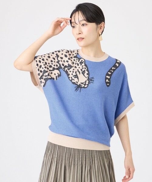 EVEX by KRIZIA / エヴェックス バイ クリツィア ニット・セーター | 【カタログ掲載・ウォッシャブル】バイカラーチーターインターシャニットプルオーバー（ブルー6）