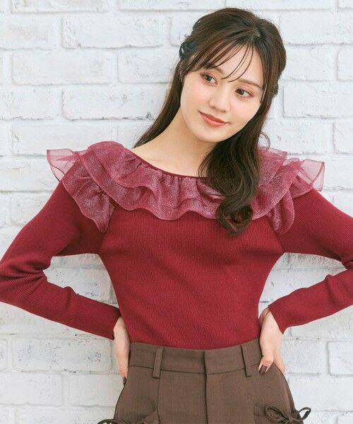 Feroux/フェルゥ 【洗える】襟フリル ニット レッド系 F Feroux/フェルゥ 【洗える】襟フリル ニット レッド系 F