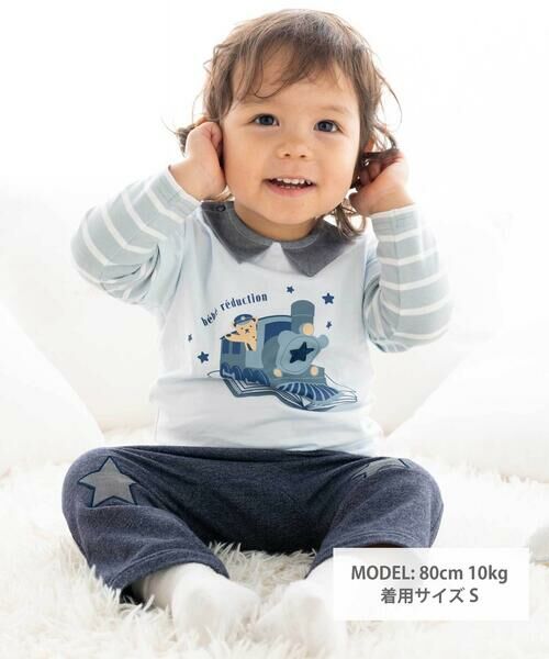 fillot de bebe reduction / フィヨ デュ ベベ ルダクティオン ベビー・キッズウエア | 【お揃い】ボーダー袖切り替え汽車プリント長袖Tシャツ(70~90cm) | 詳細1