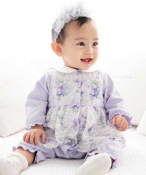 fillot de bebe reduction / フィヨ デュ ベベ ルダクティオン ロンパース | 【お揃い】オーガンジー花柄プリントスカート付き長袖カバーオール(70~80cm)（パープル系）
