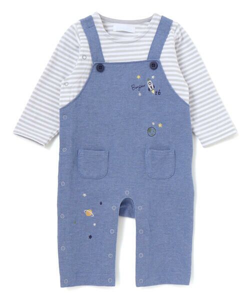 fillot de bebe reduction / フィヨ デュ ベベ ルダクティオン ロンパース | 【お揃い】ボーダーTシャツ重ね着風長袖ロンパース(70~80cm)（ネイビー系）