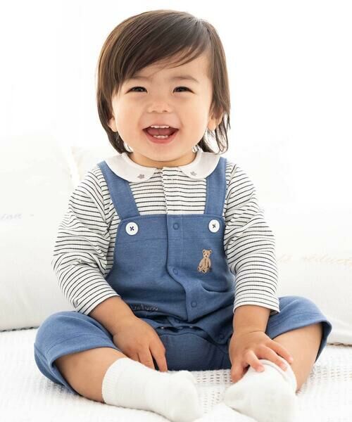 fillot de bebe reduction / フィヨ デュ ベベ ルダクティオン ロンパース | ボーダー重ね着風カバーオールベビー(70~80cm)（ネイビー系）