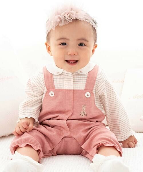 fillot de bebe reduction / フィヨ デュ ベベ ルダクティオン ロンパース | ボーダー重ね着風カバーオールベビー(70~80cm)（ピンク系）