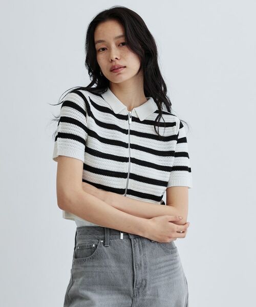 GALLEST / ギャレスト ニット・セーター | 衿付きハーフスリーブボーダーニット | 詳細2