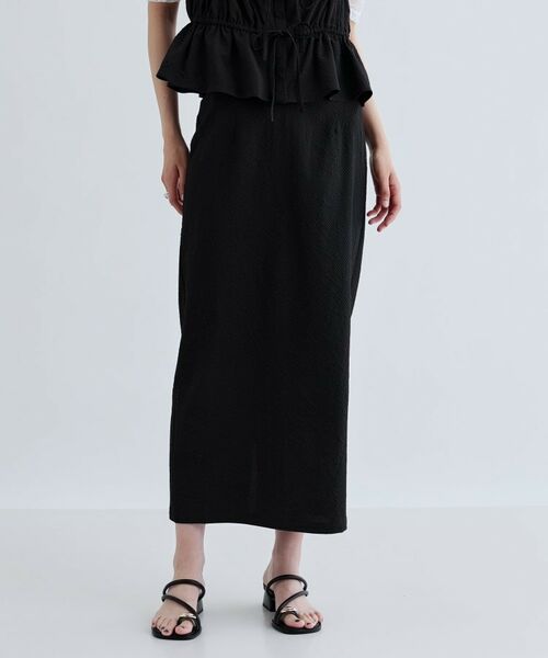 GALLEST / ギャレスト ロング・マキシ丈スカート | 【セットアップ可能】スクエアサッカースリットスカート【洗える/カセット服】(ブラック(019))