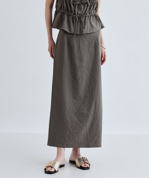 GALLEST / ギャレスト ロング・マキシ丈スカート | 【セットアップ可能】スクエアサッカースリットスカート【洗える/カセット服】(カーキ(027))