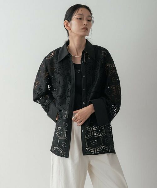 GALLEST / ギャレスト シャツ・ブラウス | 幾何柄レースビッグシャツ（ブラック(019)）