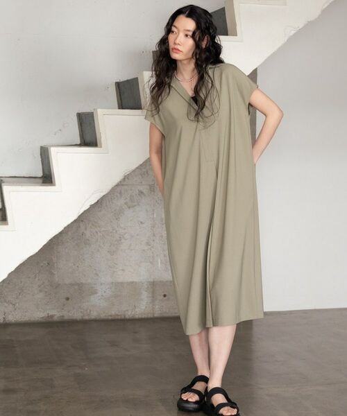 GALLEST / ギャレスト ミニ丈・ひざ丈ワンピース | Comfy SET UP｜スキッパーワンピース【通勤／接触冷感／UVカット】（オリーブグリーン(026)）