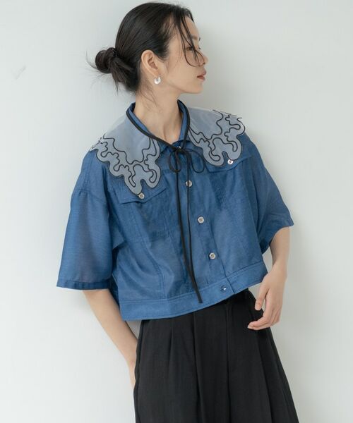 GALLEST / ギャレスト シャツ・ブラウス | デニムプリントシアーシャツ（ブルー(092)）