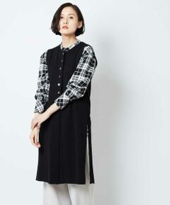 【洗える】シフォン切替ロングニットジレ