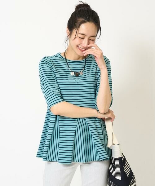 GEORGES RECH/ジョルジュ・レッシュ [日本製]ボーダーペプラム5分袖カットソー ライトブルー L