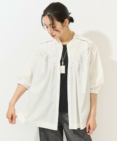 GEORGES RECH / ジョルジュ・レッシュ シャツ・ブラウス | バンドカラーハンドスモッキング7分袖ブラウス