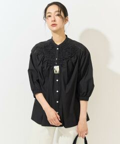 GEORGES RECH / ジョルジュ・レッシュ シャツ・ブラウス | バンドカラーハンドスモッキング7分袖ブラウス