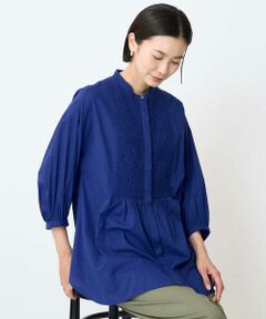 GEORGES RECH / ジョルジュ・レッシュ シャツ・ブラウス | バンドカラーシャーリングコットン7分袖ブラウス