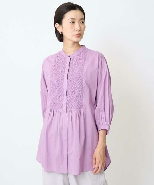 GEORGES RECH / ジョルジュ・レッシュ シャツ・ブラウス | バンドカラーシャーリングコットン7分袖ブラウス | 詳細3