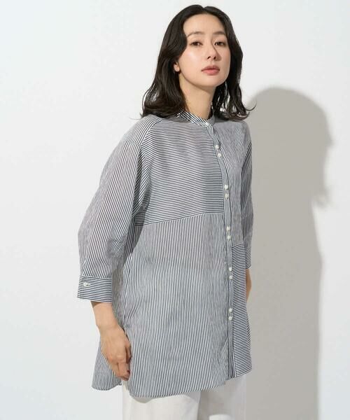 GEORGES RECH / ジョルジュ・レッシュ シャツ・ブラウス | バンドカラードルマンスリーブロングブラウス（ネイビー）