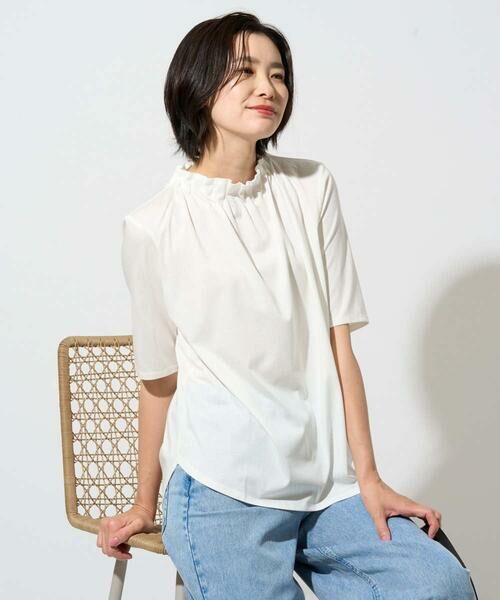 GEORGES RECH / ジョルジュ・レッシュ カットソー | タックフリルボトルネック5分袖カットソー（ホワイト）