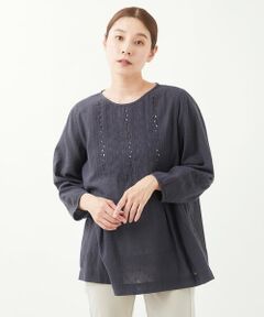 [洗える・日本製]綿麻エスニック刺繍チュニックブラウス