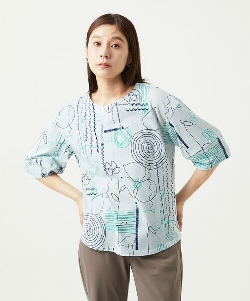 GIANNI LO GIUDICE / ジャンニ・ロ・ジュディチェ カットソー | [洗える・日本製]線描きフラワープリントカットソー（ライトブルー）