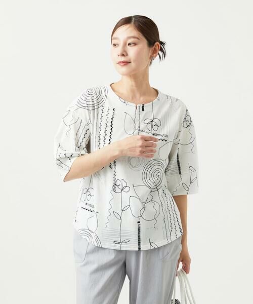GIANNI LO GIUDICE / ジャンニ・ロ・ジュディチェ カットソー | [洗える・日本製]線描きフラワープリントカットソー（ホワイト）