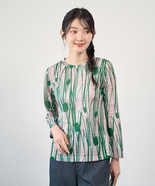 GIANNI LO GIUDICE / ジャンニ・ロ・ジュディチェ カットソー | [洗える・日本製]幾何ストライププリントカットソー（ベージュ×グリーン）