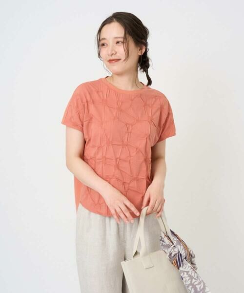 GIANNI LO GIUDICE / ジャンニ・ロ・ジュディチェ カットソー | [洗える・日本製]麻混シャーリングフレンチスリーブカットソー（オレンジ）