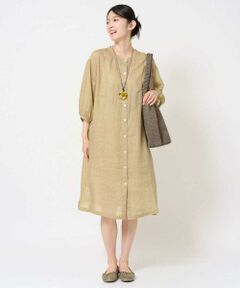 [洗える]麻シャンブレープリントワンピース