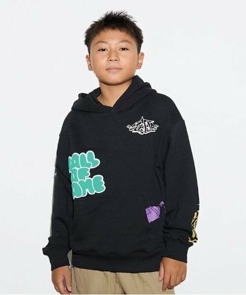 GLAZOS / グラソス パーカー | 【大人向けサイズあり】【毛玉になりにくいしっかり素材】ランダムプリントビッグパーカー（クロ）