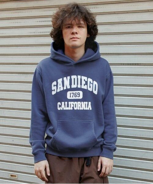 GLAZOS / グラソス パーカー | 【大人向けサイズあり】【あったか】裏起毛・カレッジロゴピグメント加工パーカー（ブルー）